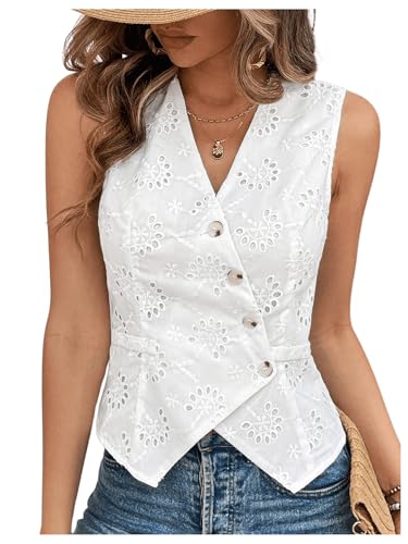 SHENHE Women's Button Up Blouse Eyelet Asymmetrical Blouse Top Dressy Sleevless Vest
