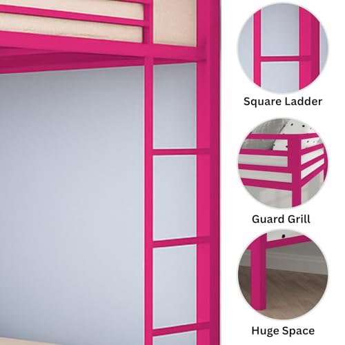 Image of Metal Bunk Bed for Adults and Kids, Sturdy Steel Frame with Guard Rails (3 X 6 Ft) | Pink | Space Saving Design | DIY Assembly for Home and Bedroom
