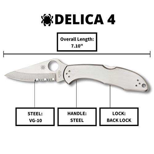 Spyderco Delica 4 Signature Knife With 2.95" Saber-Ground Vg-10 Steel Blade And Durable Stainless Steel Handle - Combinationedge - C11Ps #TOP4