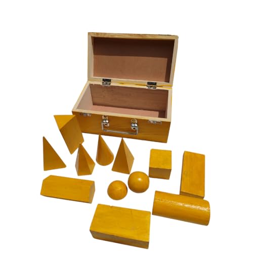 Image of Wooden Geometric Shapes Set for Students & Teachers | 12-Piece 3D Geometry Model Kit in Box | Educational Math & Physics Teaching Aids | Yellow Polished (Yellow, Small)