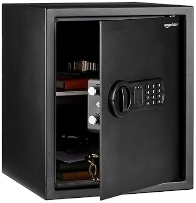 Amazon Basics Steel Home Security Safe with Electronic Keypad, Programmable Combination Lock for Documents, Jewelry, Valuables, Removable Shelf, 1.52 Cubic Feet, Black, 13.8"W x 13"D x 16.5"H