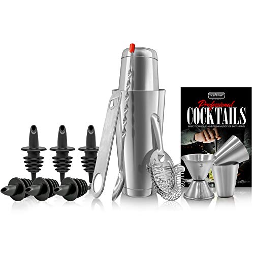 NutriChef Mixology Bartender Cocktail Shaker Set - Includes 15 & 30 oz Stainless Steel Shakers, 6 Bottle Pourers & More | Essential Martini Making Kit | Drink Mixing Set | 15 Piece Cocktail Bar Set