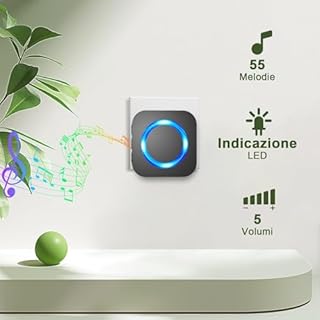 SURFOU Campanello Senza Fili da Esterno, Campanello Portata Wireless a Lunga Distanza di 400m per la Casa, Indicatore LED Pulsanti, Ricevitore da Interno con 5 Volumi Regolabili, 55 Suonerie, Nero