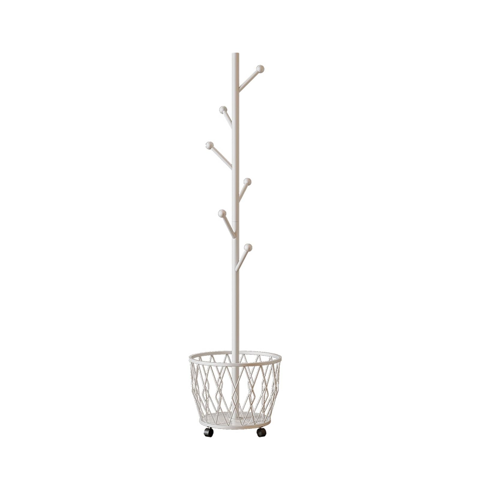 FGXHHS Freestanding Coat Rack with Storage Basket, Modern Standing Hanger for Coats, Scarves, Hats & Bags - Stylish White Entryway Hallway (A)