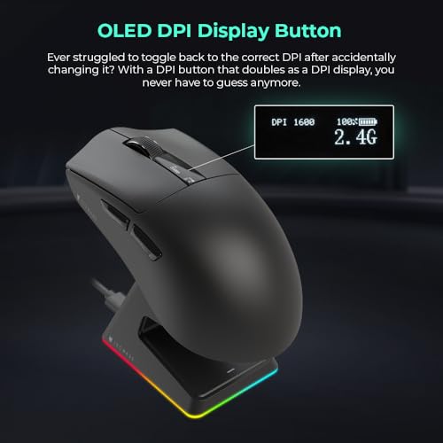 Image of TECWARE EX1 Lightweight Gaming Mouse | 26K DPI Wireless Mouse with OLED Display | 59g Ultra-Light Design | RGB Charging Dock | Tri-Mode Connectivity 2.4GHz /Bluetooth /Wired with Grip Tape | Black
