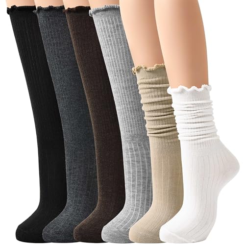 Jeasona Women Ruffle Socks Slouch Scrunch Cute Frilly 6 Pairs Breathable Lightweight Knee High Long Cotton lace Stockings Woman Dress Boot Ruffled Socks Fashion High Footwear for Women Teen Girls Gift