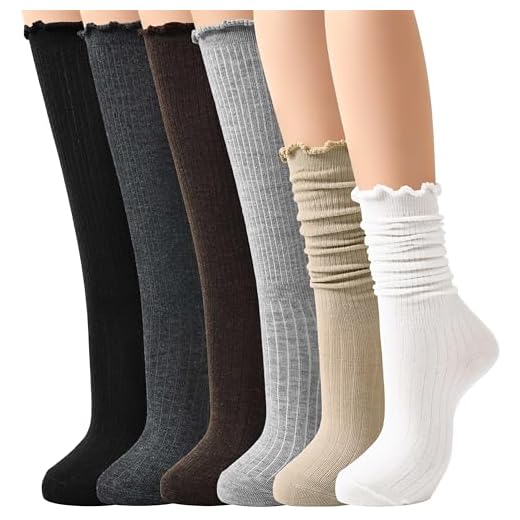 Jeasona Women Ruffle Socks Slouch Scrunch Cute Frilly 6 Pairs Breathable Lightweight Knee High Long Cotton lace Stockings Woman Dress Boot Ruffled Socks Fashion High Footwear for Women