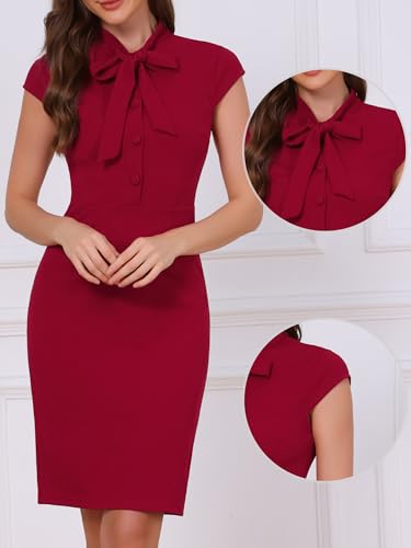 Image of Allegra K Work Dress for Women Cap Sleeve Bow Tie Side Zipper Sheath Business Casual Bodycon Dresses