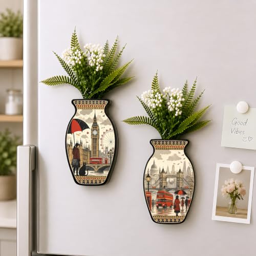 Image of Regalo Casila London City Magnetic Artificial Flower Vase Fridge Magnets Set of 2 British Travel Art Refrigerator Kitchen Home Office Decor Souvenir Gift