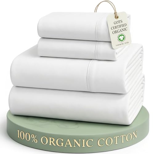 LANE LINEN Eco Friendly 100% Organic Cotton Queen Sheet Set, Soft & Comfy Fully Elasticized 15" Deep Pocket Bed Sheets, Low Pill Naturally Cooling Machine Wash Sábanas Queen- White Bed Sheets
