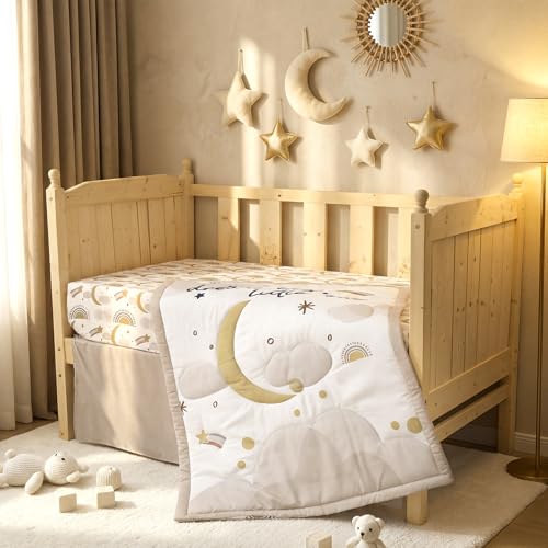 Image of Hahafelt 3 Piece Moon Star Baby Crib Bedding Set Dream Big Little One Crib Quilt for Boys Girls - Infant Toddler Nursery Bed Set Decor with Fitted Sheet, Dust Ruffle