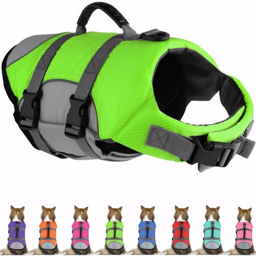 Mklhgty Dog Life Jacket, Reflective Adjustable Dog Life Vest with Rescue Handle for Swimming and Boating, Ripstop Pet Safety Life Preserver for Small, Medium and Large Dogs