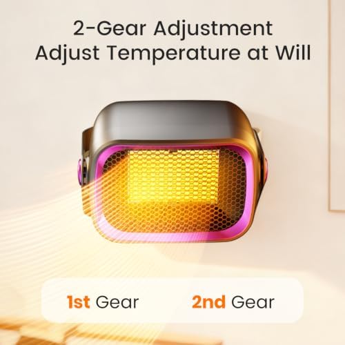 Portable PTC Space Heater, 90° Adjustable Angle, 1200W Fast Heating Electric Fan Heater, 2 Heat Modes, Wall & Desk Dual Use, Quiet Safe Small Heater for Bedroom Office - 5