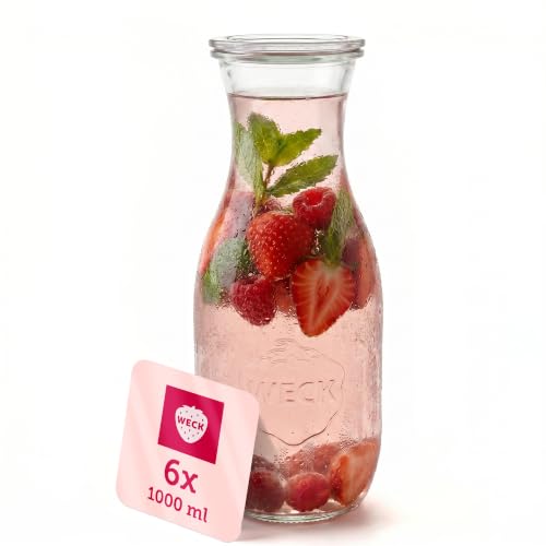 Weck Glaskaraffe 1000ml 6er Set Trinkflasche aus Glas mit Glasdeckeln zum Befüllen als 1 Liter Wasserflasche Glaskaraffe mit Deckel oder zum Einkochen & Verschenken