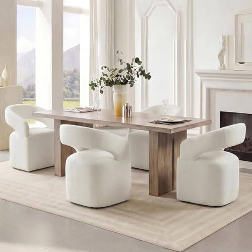 Image of KISLOT Upholstered Dining Chairs Set of 4, Modern Arm Kitchen & Dining Room Chairs with Hidden Casters, Linen Fabric Padded Rolling Chairs, Sturdy Wood Frame, 300 lbs Capacity, Ivory White