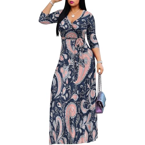 Image of PinkPatty Plus Size Maxi Dress for Women Casual V Neck 3 /4 Sleeve Boho Printed Long Dress with Pockets