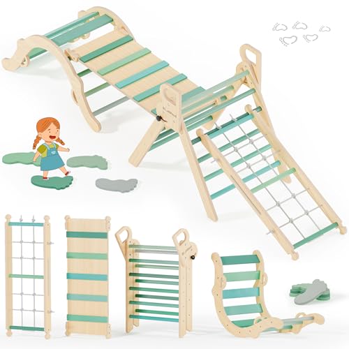 Image of BlueWood 10-in-1 Pikler Triangle Set, Toddler Climbing Toys Indoor, Montessori Climber, Baby Jungle Gyms with Arch, Extra Rope Ladder & Footprint Balance Beam - Emerald Forest