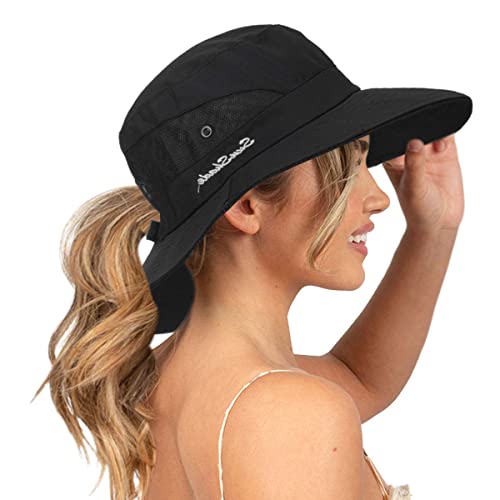 Image of Sun Hat for Women Summer UV Protection Beach Hat Wide Brim Mesh Bucket Fishing Hat with Ponytail Hole Foldable Packable Hat