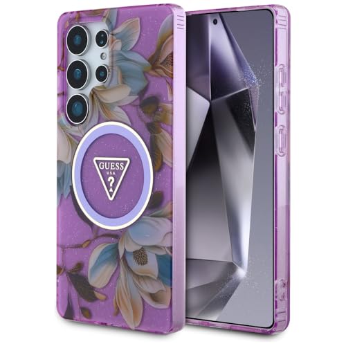 CG Mobile Guess Boutons triangulaires Ă Paillettes et Fleurs, compatibles avec MagSafe Coque pour Samsung Galaxy S25 Ultra (Violet)