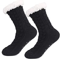 Women Slipper Fuzzy Socks, MH MOIHSING Winter Ladies Cozy Fluffy Cabin Warm Fleece Soft Comfy Thick Non Slip Home Socks Sherpa Lined Slipper Socks, Black