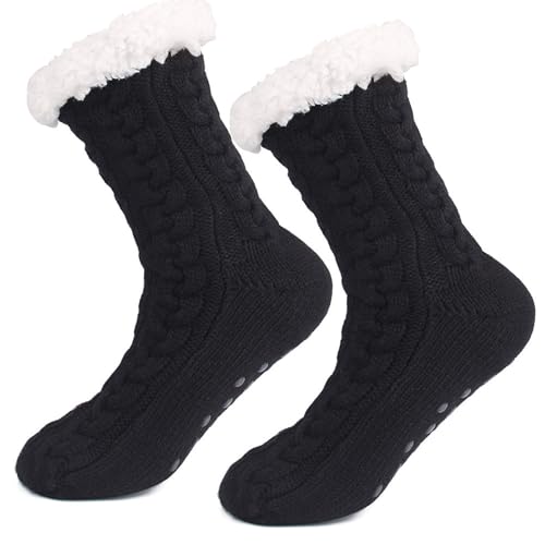 Women Slipper Fuzzy Socks, MH MOIHSING Winter Ladies Cozy Fluffy Cabin Warm Fleece Soft Comfy Thick Non Slip Home Socks Sherpa Lined Slipper Socks, Black