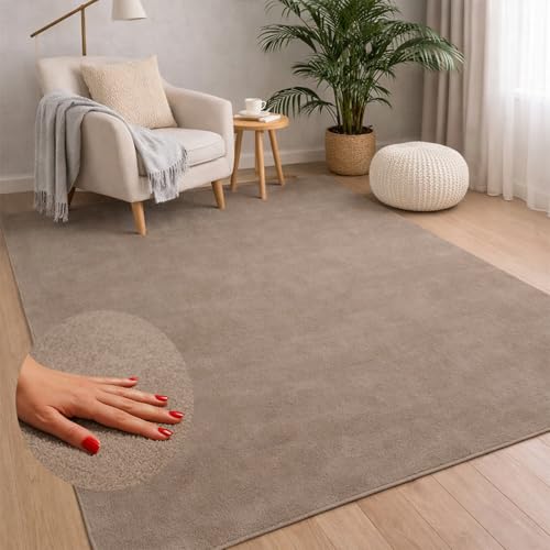 carpet city Tapis lavable uni à poils courts - 120x160 cm en Taupe - Toucher doux et soft - Antidérapant et facile à entretenir - Tapis pour salon, chambre...