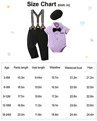 Disaur Baby Boy Clothes Suits, Gentleman 4Pcs Outfit Dress Romper + Beret Hat + Suspender Pants + Bow Tie Wedding Set 3-24 Month(Purple,6-9 Months) #TOP4