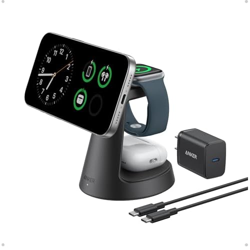 Anker MagSafe Charger Compatible, MagGo 3-in-1 Charging Station, Nano Charging Stand, Qi2 Certified 15W Magnetic Wireless Charger Dock, for iPhone17/16/15/14, Apple Watch,AirPods (Adapter In