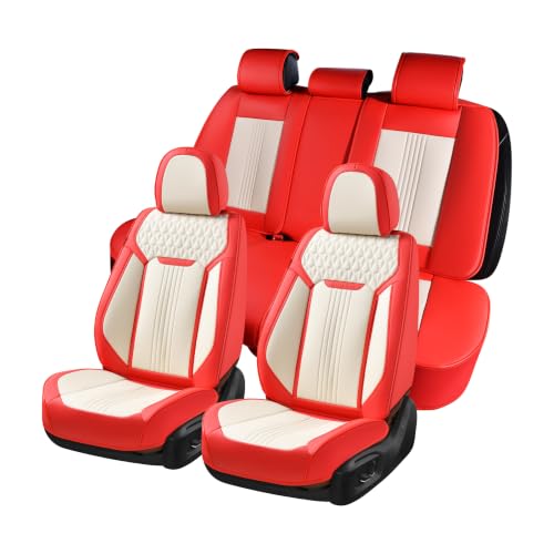 Image of Coverado Seat Covers Full Set, Leather Car Seat Cover, Waterproof Car Seat Protector, Automotive Seat Covers Car Seat Cushion Universal Fit for Most Cars, Red&White