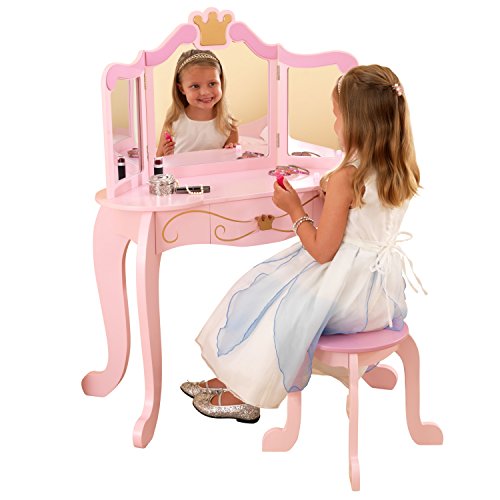 KidKraft 76123 Princess Wooden Vanity Stool with Mirror, Kids Children's Playroom/Bedroom Furniture, Pink