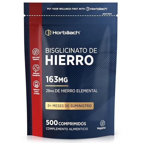 Hierro Suplemento 163mg | 500 pastillas veganas | Iron Bisglycinate | de Alta Absorción | Sistema Inmune, Hemoglobina y Soporte energético | Horbaach
