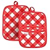 Heat Resistant Designer Pot Holders with Hand Pockets and Hanging Loops Set of 2 100 Cotton Dual Function Kitchen Pot Holders and Trivets 7 x 9 Red Gingham