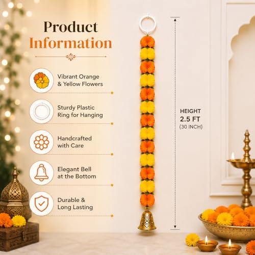 Image of Bindian Artificial Marigold Flower Toran 2.5 Ft Yellow Orange with Leaf & Bells | Decorative Bandanwar for Diwali, Pooja, Wedding, Festival, Home Entrance & Wall Decoration (Pack of 5)