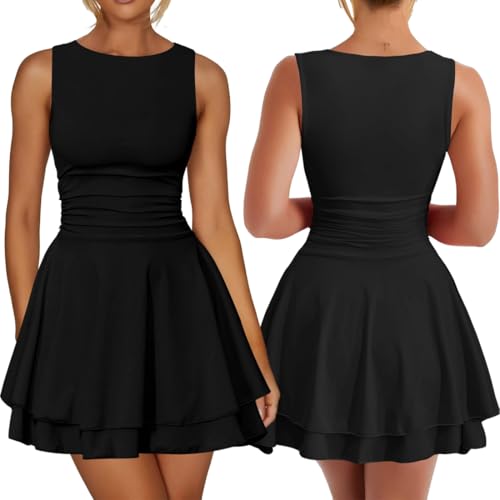 Bcenoilua Damen Kleider Sexy Tank Ärmellos Rundhals Minikleid Rüschen Eng Kurz Sommerkleid Stretch Party Club Bodycon Kleid Elegant Cocktailkleid...
