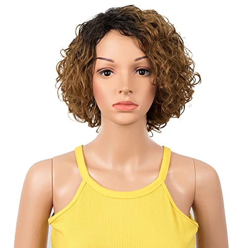 DÉBUT Kurze Bob Perücke mit Air Bangs Kurze lockige gewellte Echthaar Bob Perücke für Damen 25 cm 120g 130% Dichte (25 cm, Ombre Braun) Cover