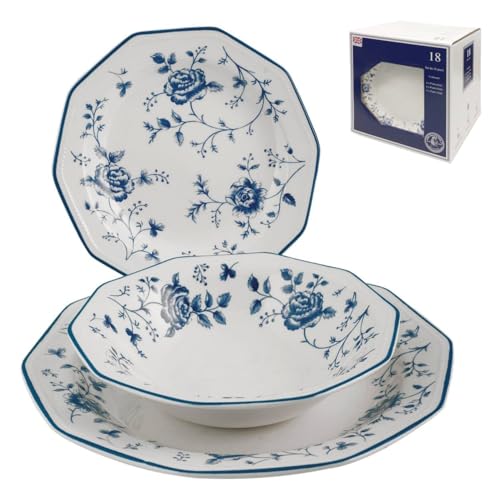 Churchill Roses Bleu Service Table, Earthware, Blanc/Bleu, 18 unités
