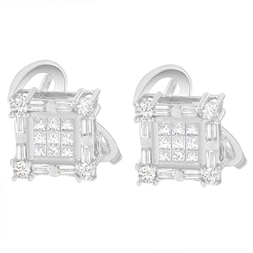 14K White Gold 1ct TDW Princess, Baguette and Round Cut Diamond Earring (H-I,SI1-SI2)