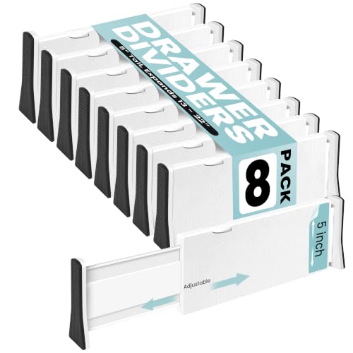 RAPTUROUS Deep Drawer Divider 8 Pack, [5 Inch Tall, 13-22"] Long Expandable, Adjustable Drawer Dividers for Clothing, Clothes, Dresser, Kitchen, Strong & Sturdy Hold, Soft Foam Edges（White）