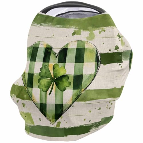 Nursing Cover for Breastfeeding Scarf, Sage Green Strips Plaid Heart St. Patrick's Day Retro Baby Car Covers Super Soft Multi Use for Canopy Shopping Cart Cover Blanket Stroller Cover