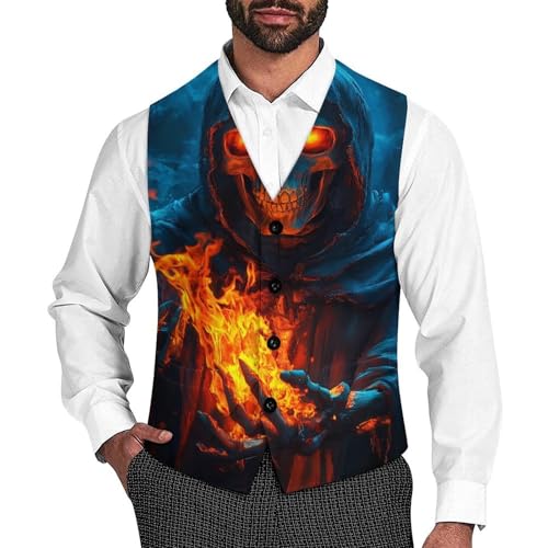 Hooded Skeleton Holding Fire Suit Vest for Men Slim Fit Sleeveless Jacket V Neck Business Waistcoat Button Up Dressy Top