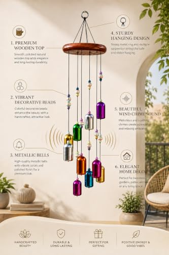 Image of Decorative Wind Chime for Home | Wooden House with Bells Colourful Beads | Positive Energy Balcony Living Room Hall Garden Home Decor (Bells Wind Chime)