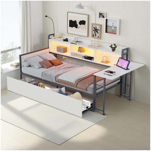 Wyibwy Sofá cama de hierro forjado, 90 x 200 cm, con iluminación LED, espacio de almacenamiento, cajones y enchufe multifunción, escritorio plegable, cama individual (sin colchón), color blanco