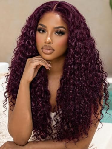 Image of KLAIYI Bye Bye Slip Black Cherry Water Wave Pre Everything Glueless 13x4 Lace Frontal Wigs Human Hair Burgundy Drawstring Curly Pre Plucked Bleached Knots 3S Ready to Wear and Go Beginner Wig 24Inch