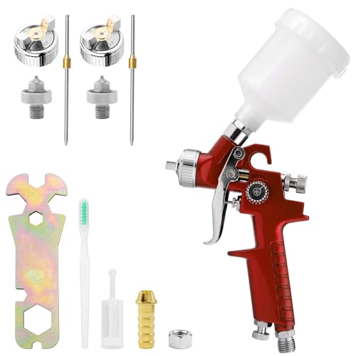 KCNKCN Mini HVLP Air Spray Gun Kit, with 0.8mm & 1.0mm Nozzles&125cc Cup, Small Automotive Paint Sprayer, Paint Guns Touch Up Detail Spot Repair, for House Painting, Furniture, Cars (Red)