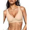 OEAK Womens Deep V Bras Comfortable Bra Support Push Up Bralettes Low Cut no Underwire Bra Plunge Seamless Tshirts Bras XX-Large Beige