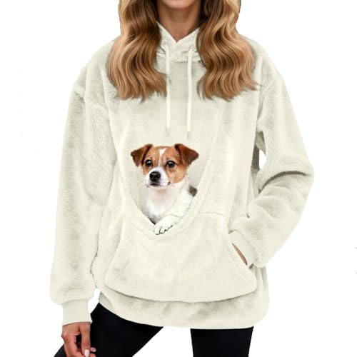 Women's Hoodies with Pet Pouch Cat Hoodies with Pouches Cute Soft Kangaroo Pouch Hoodie for Women Fuzzy Fleece Tops Oversized Sherpa Sweatshirts with