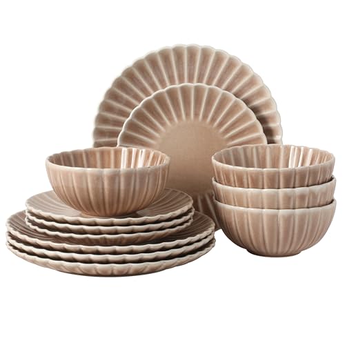 Image of Gibson Elite Peach Orchard 12-Piece New Bone China Dinnerware Set Service for 4, Embossed Fluted Plates and Bowls, Dishwasher and Microwave Safe, Mauve Rose