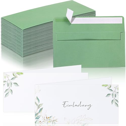 Tenare 30 Einladungskarten Hochzeit, 10,5 x 21 cm, Umschläge, Salbeigrün