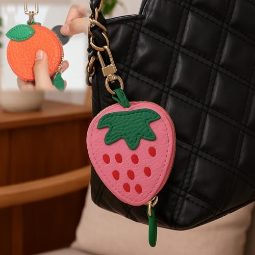 Fruit Mini Coin Purse Keychain,Cute Fruit Leather Bag Charm,Strawberry Keychain with Zipper Backpack,Mini Keychain Accessory for Women and Girls(Cherries)4