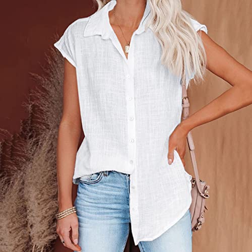 Smidow Womens Button Down Cotton Linen Shirts V Neck Roll Up Short|Long Sleeve Blouses Loose Collared Shirt Casual Work Tops #TOP3